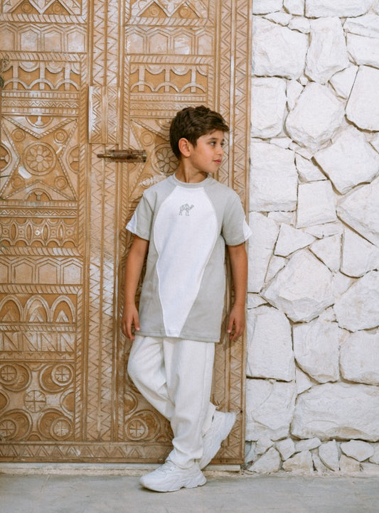 طقم تيشيرت للأطفال أبيض رمادي